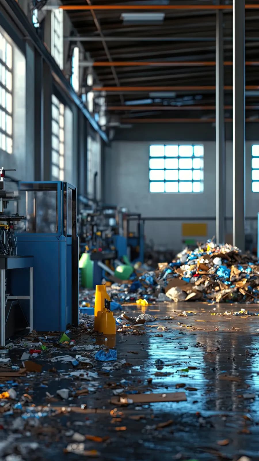 Image of the inside of an open industrial building with trash and debris scattered about