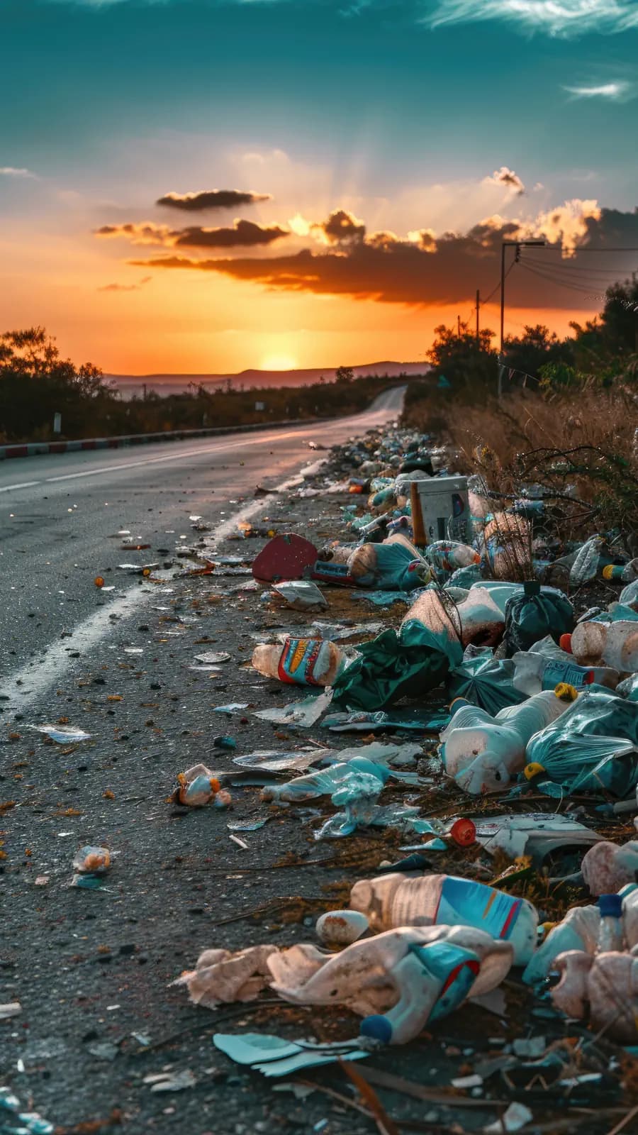 Image of a road with a beautiful sunset in the background and a conciderabler amount of litter in the ditch