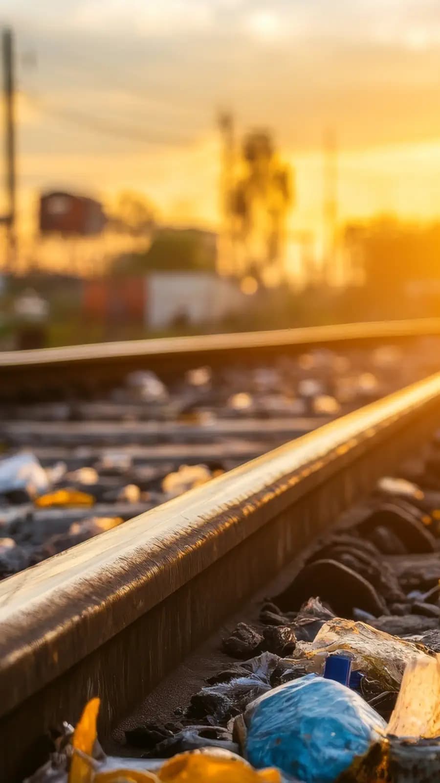Image of railroad with a beautiful sunset in the background and a conciderabler amount of litter on the tracks